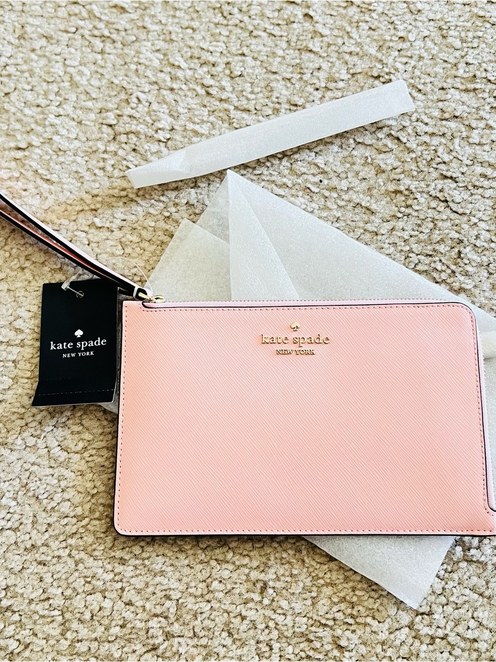 kate spade Pale Pink Saffiano Leather Zip Wristlet with Gold Logo